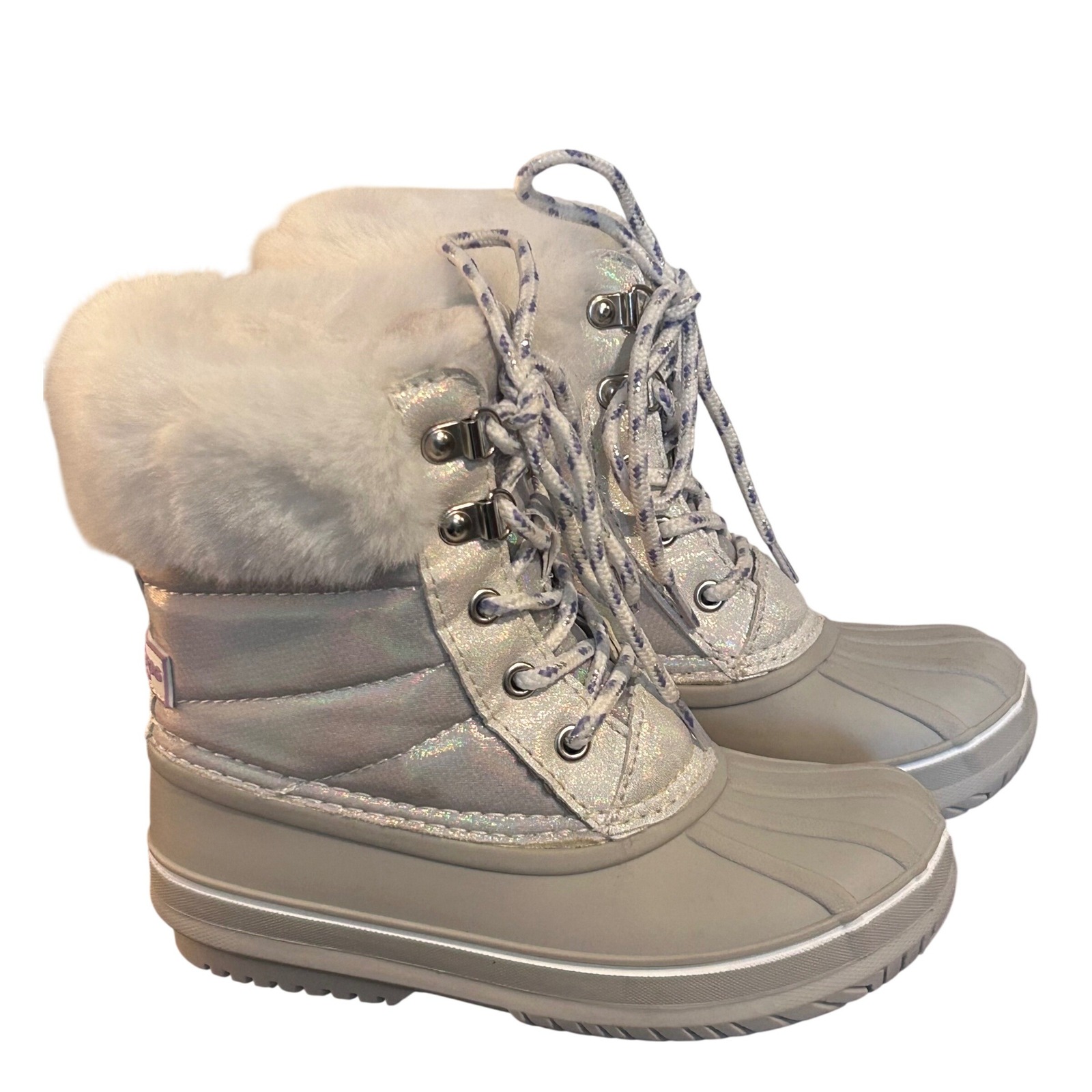 London Fog Girls Bell Court Silver Iridescent Faux Fur Winter Snow Boots Size 12